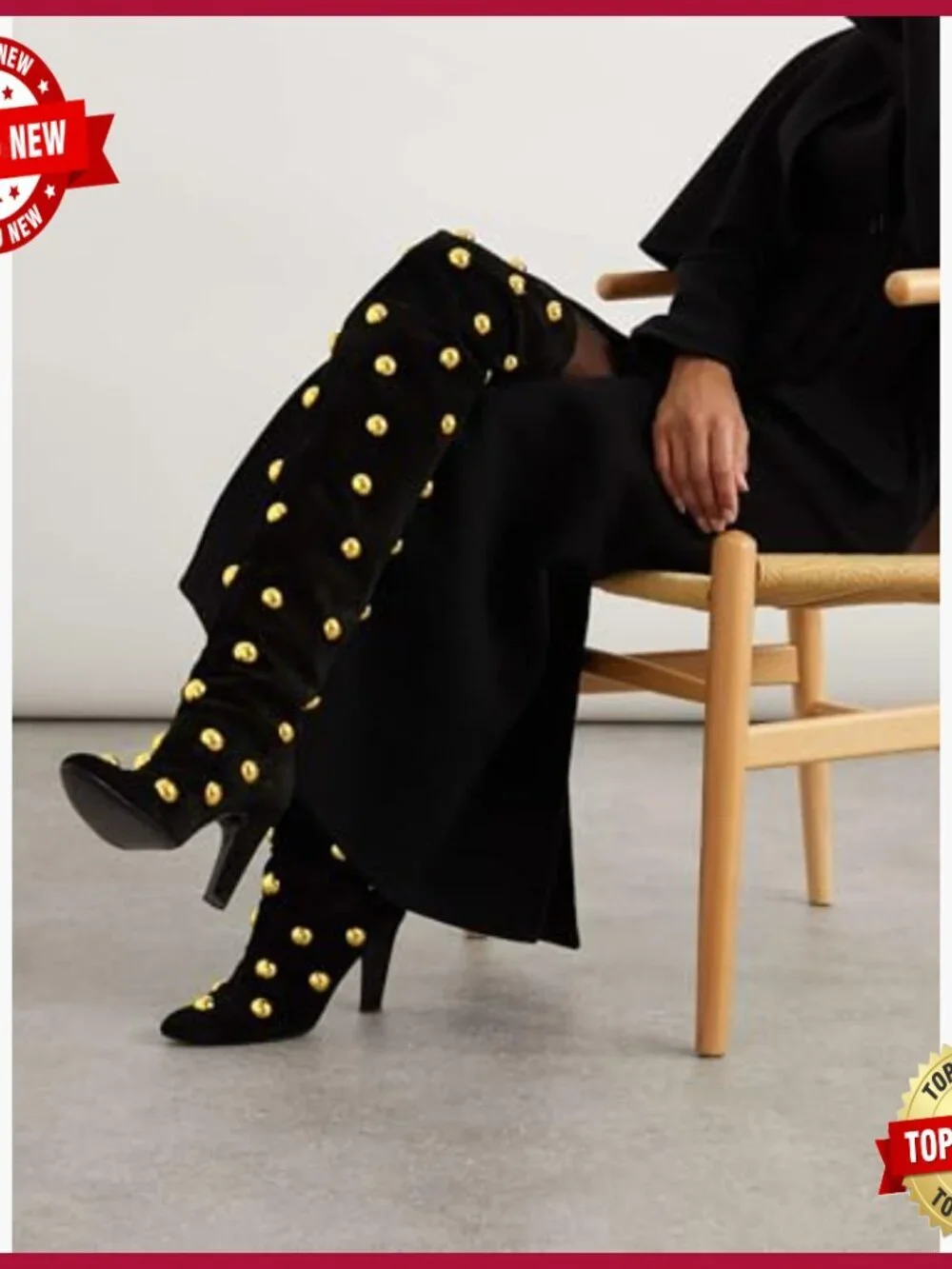 Over the Knee Boots Pointed Toe Chunky Heel Studded Suede
